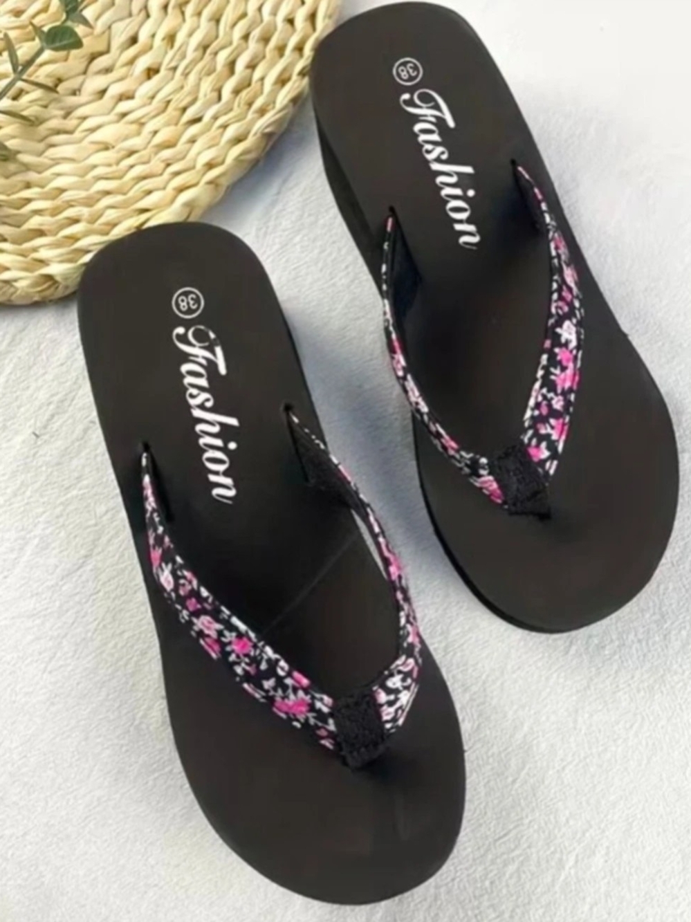 Women's Black Flip Flops with Pink Floral Straps Size 9 -New